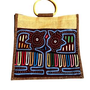 Boho Burlap Molas Bag Purse Handmade Folk Art Bird Motif Hand Stitched Cloth